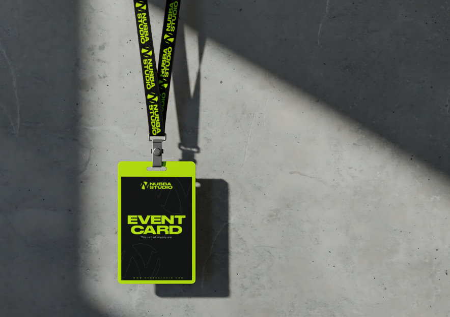 Nubba Studio branded lanyard and event card